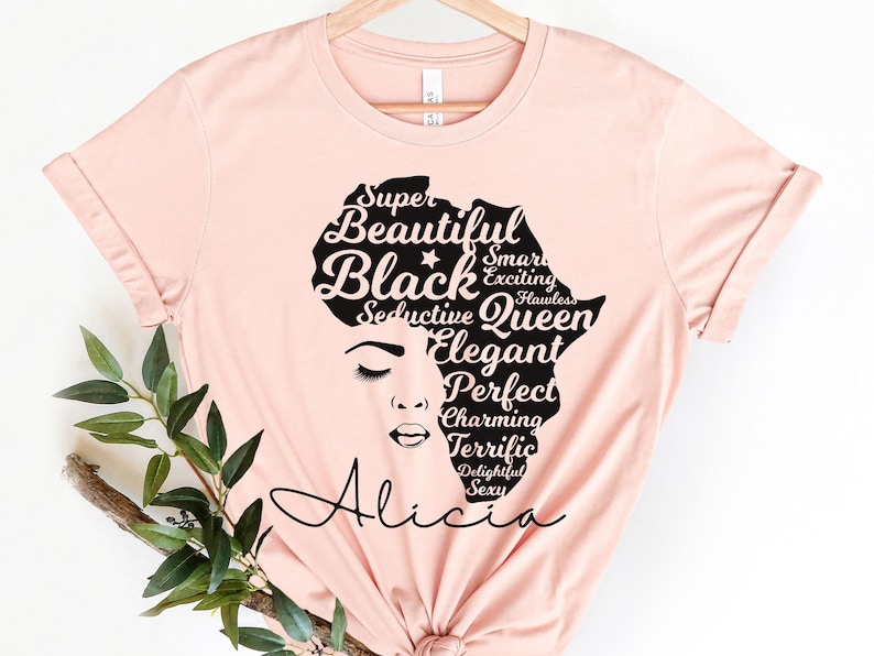 Custom Black History Month Shirt for Women, Afro Woman TShirt, Personalized Black Mom Gifts, Black Queen Shirt, Black Owned Shops Clothing Heather Peach