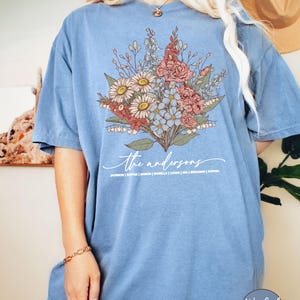 Birth Month Birth Flower Shirt with Names, Custom Mothers Day Gift for Mom, Personalized Grandma Shirt with Grandkids Names, Plant Mama Tee Washed Denim
