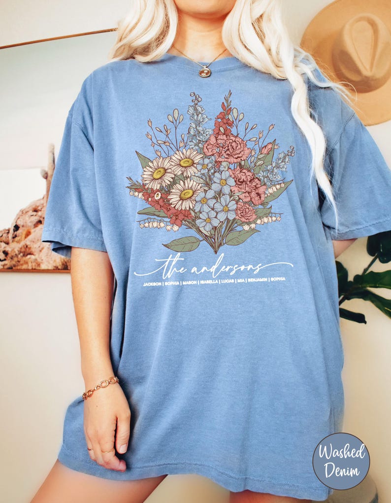 Birth Month Birth Flower Shirt with Names, Custom Mothers Day Gift for Mom, Personalized Grandma Shirt with Grandkids Names, Plant Mama Tee Washed Denim