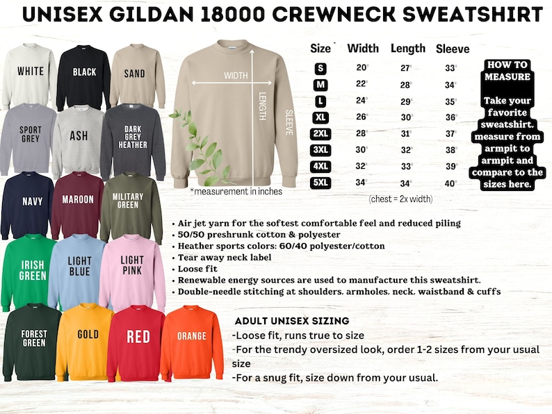 Pode incluir: Um gr&aacute;fico que mostra o guia de tamanhos para um moletom com gola redonda unissex Gildan 18000. O gr&aacute;fico mostra o tamanho, a largura, o comprimento e o comprimento da manga em polegadas. O gr&aacute;fico tamb&eacute;m inclui instru&ccedil;&otilde;es sobre como medir seu moletom favorito para determinar o tamanho correto.
