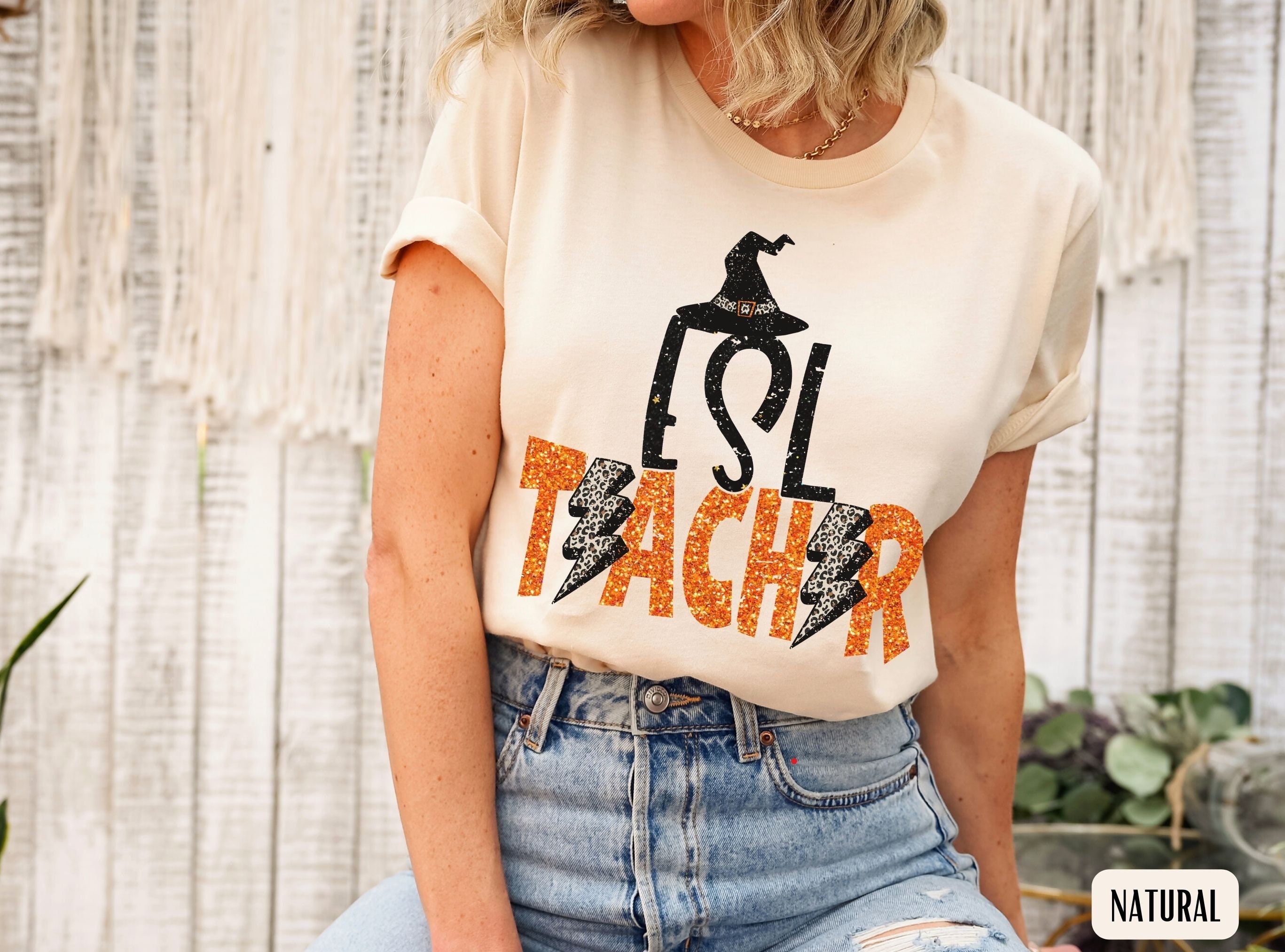 Casual everyday fall teacher Halloween outfit costume featuring a graphic scary  teacher tee, loose str…