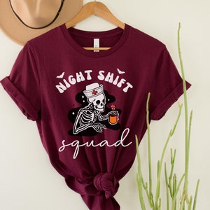 Nurse Halloween Shirt, Funny Night Shift Nurse Squad Shirt, RN Skeleton T-Shirt, ER ICU Nurse Group Tee, rt rn Emergency Department TShirts Maroon