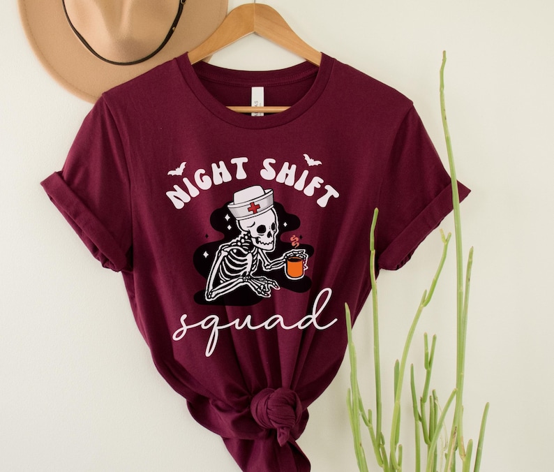 Nurse Halloween Shirt, Funny Night Shift Nurse Squad Shirt, RN Skeleton T-Shirt, ER ICU Nurse Group Tee, rt rn Emergency Department TShirts Maroon
