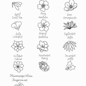 K&ouml;nnte beinhalten: Eine Schwarzwei&szlig;-Zeichnung von Blumen, die jeden Monat des Jahres repr&auml;sentieren. Die Blumen sind in einem einfachen Stil gezeichnet und umfassen Schneegl&ouml;ckchen, Primel, Kirschbl&uuml;te, S&uuml;&szlig;erbse, Wei&szlig;dorn, Gei&szlig;blatt, Rittersporn, Gladiole, Aster, Kosmos, Pfingstrose und Stechpalme.