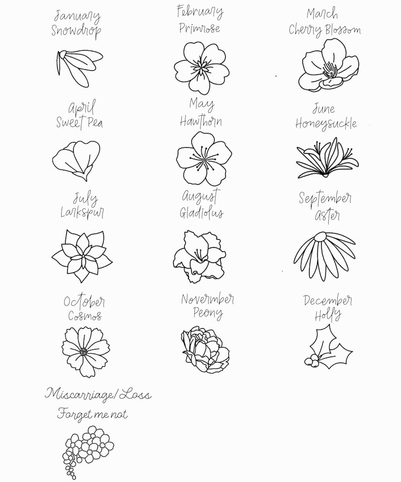 K&ouml;nnte beinhalten: Eine Schwarzwei&szlig;-Zeichnung von Blumen, die jeden Monat des Jahres repr&auml;sentieren. Die Blumen sind in einem einfachen Stil gezeichnet und umfassen Schneegl&ouml;ckchen, Primel, Kirschbl&uuml;te, S&uuml;&szlig;erbse, Wei&szlig;dorn, Gei&szlig;blatt, Rittersporn, Gladiole, Aster, Kosmos, Pfingstrose und Stechpalme.
