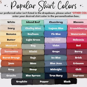 Pode incluir: Uma exibi&ccedil;&atilde;o de camisetas dobradas em v&aacute;rias cores, incluindo branco, azul, rosa e preto. O texto "Popular Shirt Colors" est&aacute; no topo, com uma nota sobre a sele&ccedil;&atilde;o de "OTHER COLOR" se a tonalidade desejada n&atilde;o estiver listada.