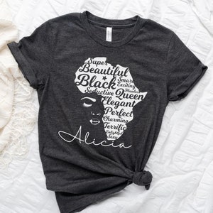 Custom Black History Month Shirt for Women, Afro Woman TShirt, Personalized Black Mom Gifts, Black Queen Shirt, Black Owned Shops Clothing Heather Dark Grey