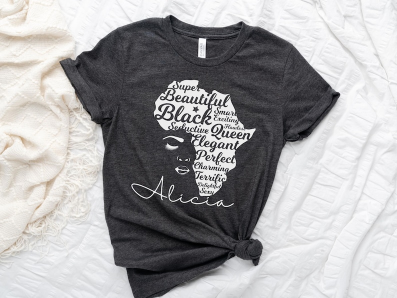 Custom Black History Month Shirt for Women, Afro Woman TShirt, Personalized Black Mom Gifts, Black Queen Shirt, Black Owned Shops Clothing Heather Dark Grey