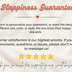 Pode incluir: Texto "Happiness Guarantee" com um s&iacute;mbolo de cora&ccedil;&atilde;o. A satisfa&ccedil;&atilde;o do cliente &eacute; nossa maior prioridade. Cinco estrelas douradas s&atilde;o exibidas abaixo do texto. O texto "Obrigado por apoiar nosso pequeno neg&oacute;cio." est&aacute; na parte inferior da imagem.