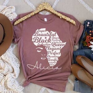 Custom Black History Month Shirt for Women, Afro Woman TShirt, Personalized Black Mom Gifts, Black Queen Shirt, Black Owned Shops Clothing Heather Mauve