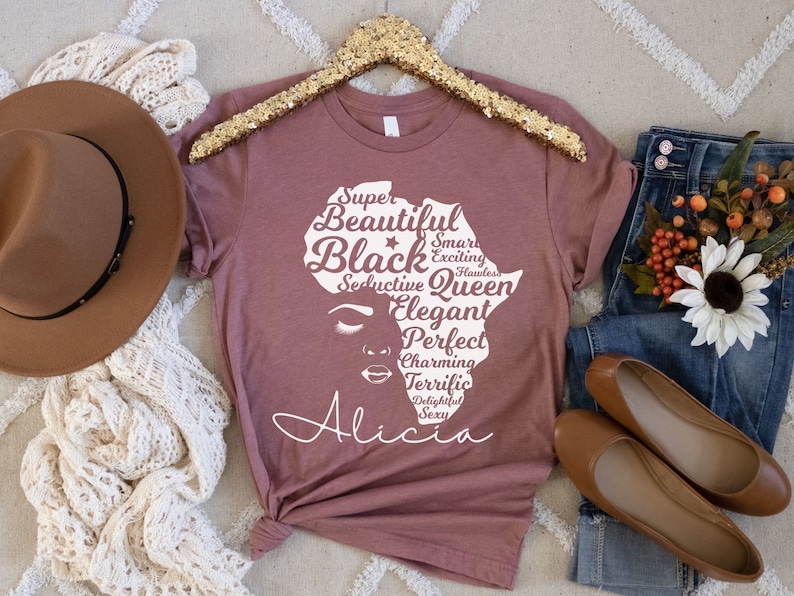 Custom Black History Month Shirt for Women, Afro Woman TShirt, Personalized Black Mom Gifts, Black Queen Shirt, Black Owned Shops Clothing Heather Mauve