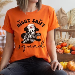 Nurse Halloween Shirt, Funny Night Shift Nurse Squad Shirt, RN Skeleton T-Shirt, ER ICU Nurse Group Tee, rt rn Emergency Department TShirts Orange