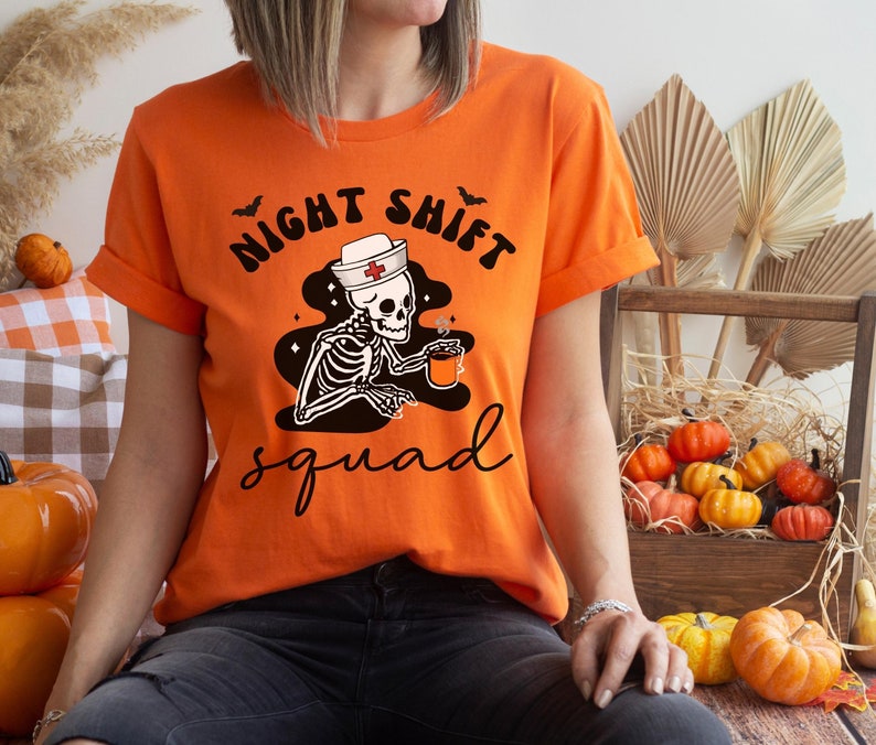 Nurse Halloween Shirt, Funny Night Shift Nurse Squad Shirt, RN Skeleton T-Shirt, ER ICU Nurse Group Tee, rt rn Emergency Department TShirts Orange