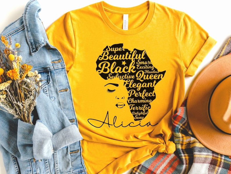 Custom Black History Month Shirt for Women, Afro Woman TShirt, Personalized Black Mom Gifts, Black Queen Shirt, Black Owned Shops Clothing Gold