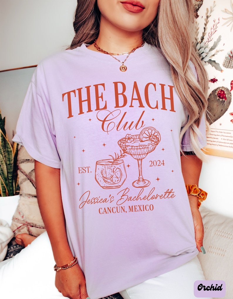 The Bach Club Shirt, Custom Location Bachelorette Shirt, Beach Bachelorette Party Shirts, Personalized Luxury Bachelorette, Bride Social Tee Orchid