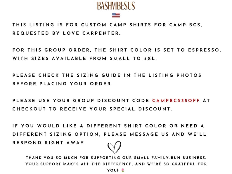 Puede incluir: Fondo blanco con texto sobre camisetas de campamento personalizadas para Camp BCS, solicitadas por Love Carpenter. Las camisetas son color espresso, tallas S a 4XL. Usa el c&oacute;digo CAMPBCS35OFF. Gracias por tu apoyo.