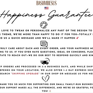 Pode incluir: Fundo branco com o texto "BASHVIBESUS" no topo. As palavras "Happiness Guarantee" est&atilde;o escritas em it&aacute;lico. O texto abaixo descreve o atendimento ao cliente da loja, as op&ccedil;&otilde;es de personaliza&ccedil;&atilde;o e a gratid&atilde;o pelo suporte do cliente.