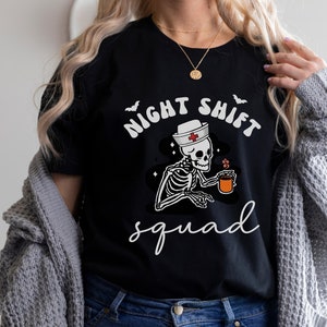 Nurse Halloween Shirt, Funny Night Shift Nurse Squad Shirt, RN Skeleton T-Shirt, ER ICU Nurse Group Tee, rt rn Emergency Department TShirts Black