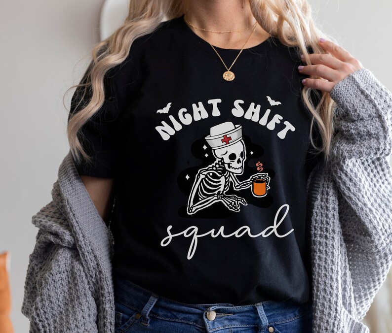 Nurse Halloween Shirt, Funny Night Shift Nurse Squad Shirt, RN Skeleton T-Shirt, ER ICU Nurse Group Tee, rt rn Emergency Department TShirts Black