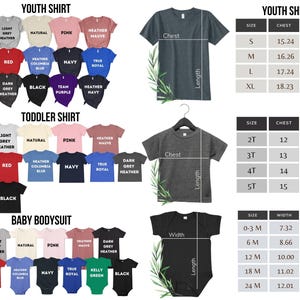 May include: A collection of t-shirts and baby bodysuits in various colors, including white, red, and navy. The image includes size charts with measurements in inches for youth shirts, toddler shirts, and baby bodysuits. The shirts are displayed with the words "Youth Shirt", "Toddler Shirt", and "Baby Bodysuit".