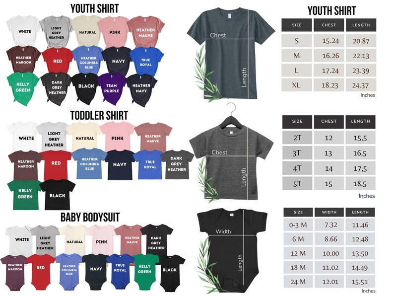 May include: A collection of t-shirts and baby bodysuits in various colors, including white, red, and navy. The image includes size charts with measurements in inches for youth shirts, toddler shirts, and baby bodysuits. The shirts are displayed with the words "Youth Shirt", "Toddler Shirt", and "Baby Bodysuit".
