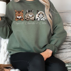 Puede incluir: Una sudadera de color verde militar con un gr&aacute;fico de tres gatos asom&aacute;ndose por la parte superior. Los gatos se llaman Tiger, Charlie y Chloe.