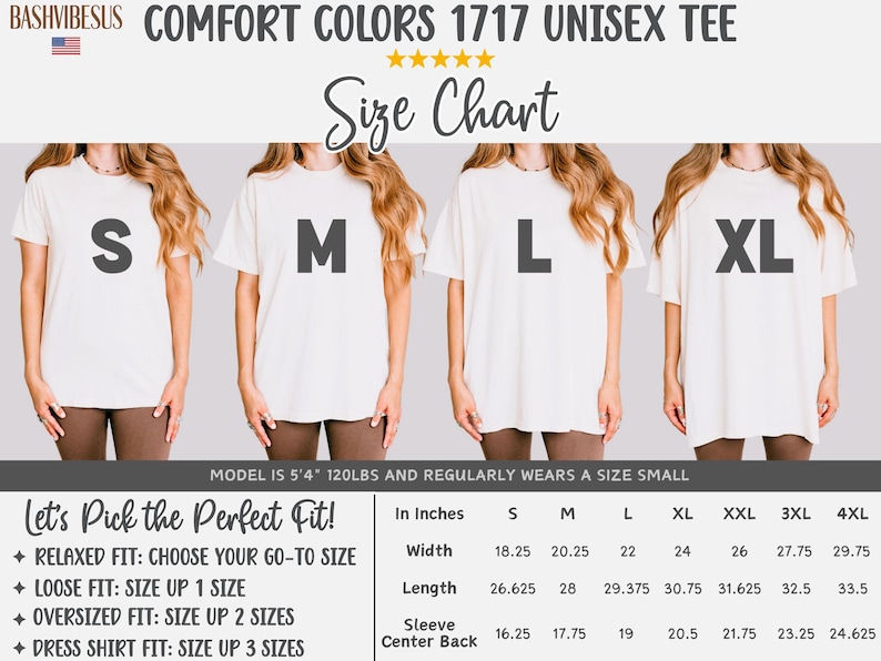 Pode incluir: Camiseta unissex Comfort Colors 1717 creme com tabela de tamanhos. A tabela de tamanhos inclui medidas em polegadas para os tamanhos S, M, L e XL. O texto "Let's Pick the Perfect Fit!" tamb&eacute;m &eacute; vis&iacute;vel.
