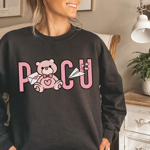 Peut inclure: Sweat-shirt noir avec un motif rose repr&eacute;sentant un ours en peluche tenant une lettre, un avion en papier et le mot "PCU".