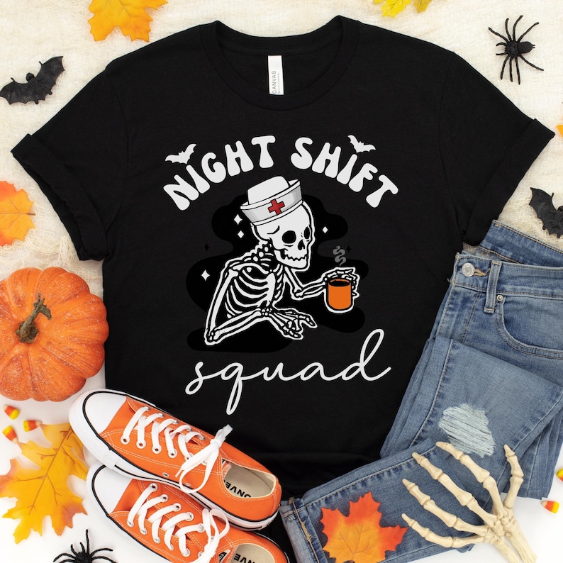Nurse Halloween Shirt, Funny Night Shift Nurse Squad Shirt, RN Skeleton T-Shirt, ER ICU Nurse Group Tee, rt rn Emergency Department TShirts image 2