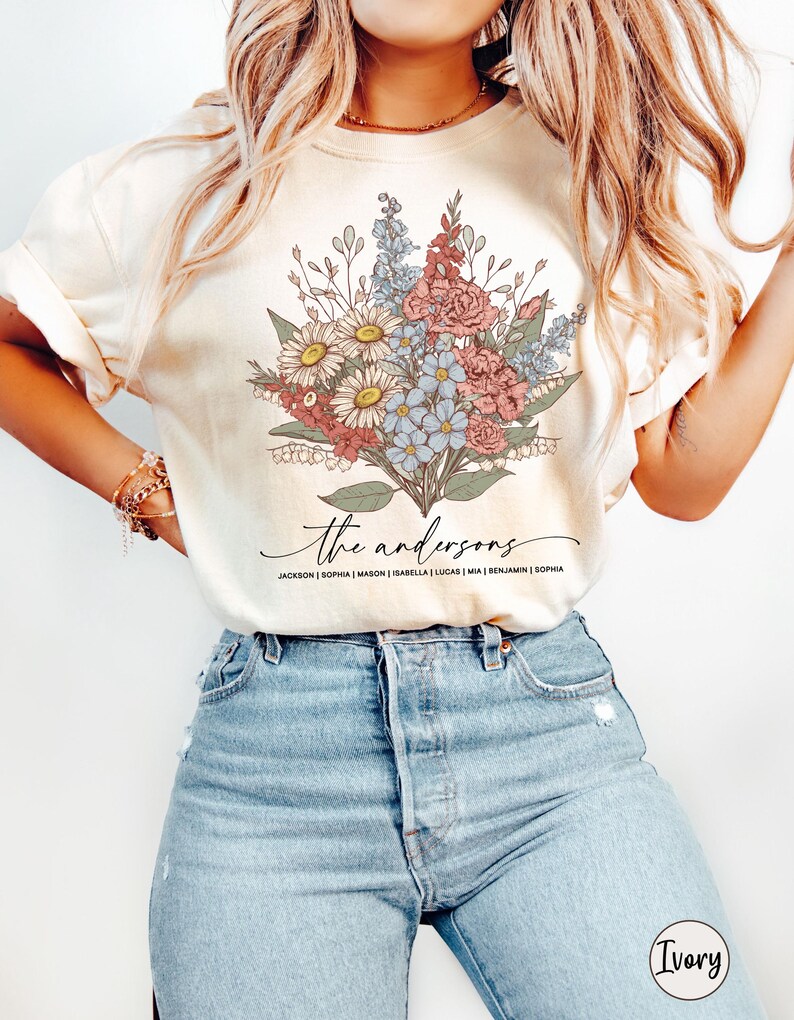 Birth Month Birth Flower Shirt with Names, Custom Mothers Day Gift for Mom, Personalized Grandma Shirt with Grandkids Names, Plant Mama Tee Ivory
