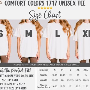 May include: Size chart for a unisex t-shirt in sizes S, M, L, XL, XXL, 3XL, and 4XL. The chart shows measurements in inches for width, length, sleeve, and center back. The model is 5'4" and 120 lbs and wears a size small.