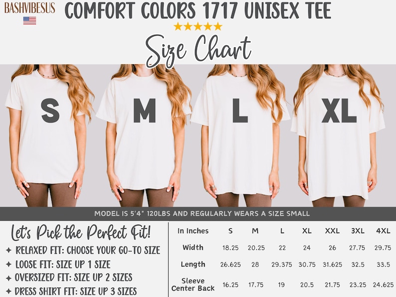 May include: Size chart for a unisex t-shirt in sizes S, M, L, XL, XXL, 3XL, and 4XL. The chart shows measurements in inches for width, length, sleeve, and center back. The model is 5'4" and 120 lbs and wears a size small.