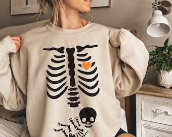 Skeleton Halloween Maternity Sweatshirt, Funny Pregnancy Announcement Shirt 2024, Pregnant Women Costume, Fall New Mom Sweater, Mama to Be