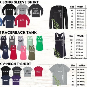 May include: A chart showing different styles of shirts and tanks with their corresponding sizes, colours, and measurements in inches and centimetres. The chart includes unisex long sleeve shirts, racerback tanks, and v-neck t-shirts.