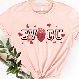 CVICU Valentine Shirt, Cute Cardiovascular Intensive Care Unit Nurse TShirt, Valentine's Day Gift for Cardiac Nurse, RN Tee, ICU Crew Shirts Heather Peach