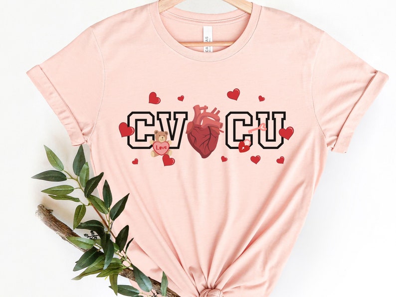 CVICU Valentine Shirt, Cute Cardiovascular Intensive Care Unit Nurse TShirt, Valentine's Day Gift for Cardiac Nurse, RN Tee, ICU Crew Shirts Heather Peach