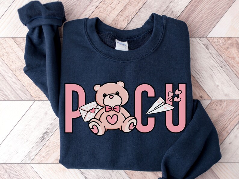 Peut inclure: Un sweat-shirt bleu marine avec un motif graphique rose qui dit "PCU" avec un ours en peluche tenant une lettre et un avion en papier avec des c&oelig;urs qui s'envolent.