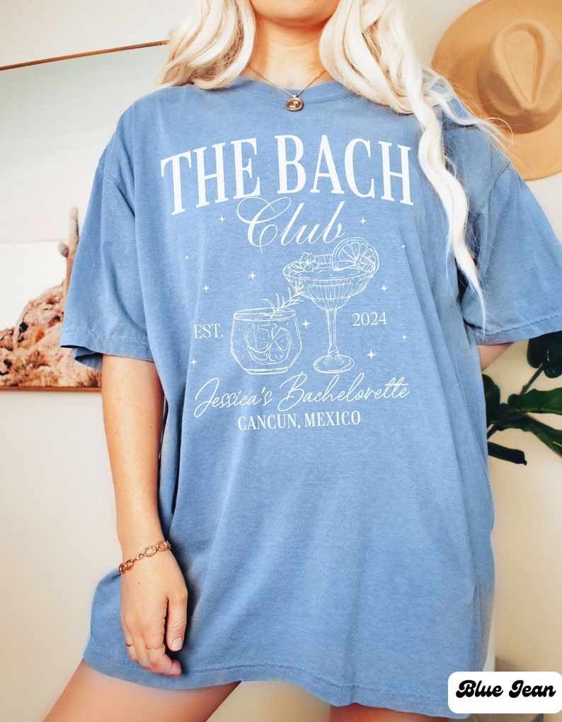 The Bach Club Shirt, Custom Location Bachelorette Shirt, Beach Bachelorette Party Shirts, Personalized Luxury Bachelorette, Bride Social Tee Blue Jean
