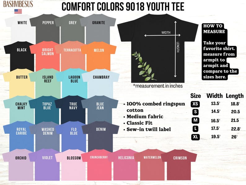Pode incluir: Uma exibi&ccedil;&atilde;o de camisetas Comfort Colors 9018 Youth Tee em v&aacute;rias cores, incluindo branco, preto e azul jeans. A imagem inclui uma camiseta preta com um design de folha verde, tabela de tamanhos com medidas em polegadas e detalhes do tecido.