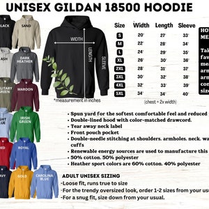 Pode incluir: Um gr&aacute;fico que mostra a tabela de tamanhos para um moletom com capuz unissex Gildan 18500. A tabela mostra o tamanho, a largura, o comprimento e o comprimento da manga em polegadas. A tabela tamb&eacute;m inclui instru&ccedil;&otilde;es sobre como medir seu moletom com capuz favorito para determinar o tamanho correto.