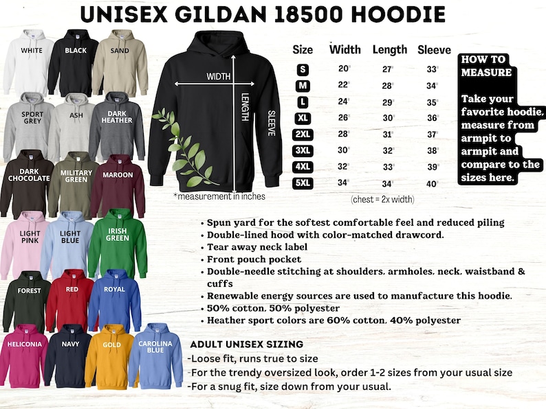 Pode incluir: Um gr&aacute;fico que mostra a tabela de tamanhos para um moletom com capuz unissex Gildan 18500. A tabela mostra o tamanho, a largura, o comprimento e o comprimento da manga em polegadas. A tabela tamb&eacute;m inclui instru&ccedil;&otilde;es sobre como medir seu moletom com capuz favorito para determinar o tamanho correto.