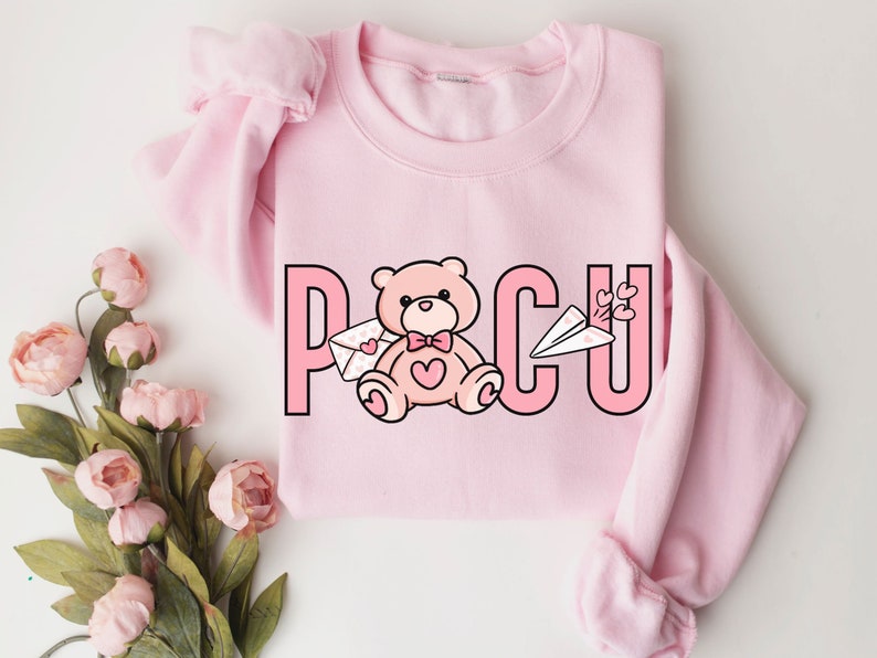 Peut inclure: Sweat-shirt rose avec un ours en peluche de dessin anim&eacute; tenant une lettre et un avion en papier. Le texte "PCU" est imprim&eacute; sur le sweat-shirt.
