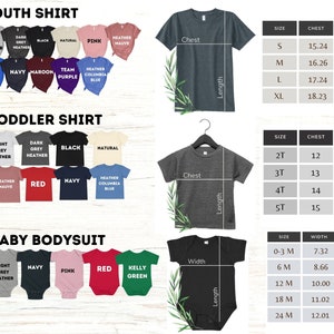 May include: A size chart for youth, toddler, and baby clothing. The chart shows the different sizes available for each type of clothing, along with the corresponding chest, length, and width measurements in inches.