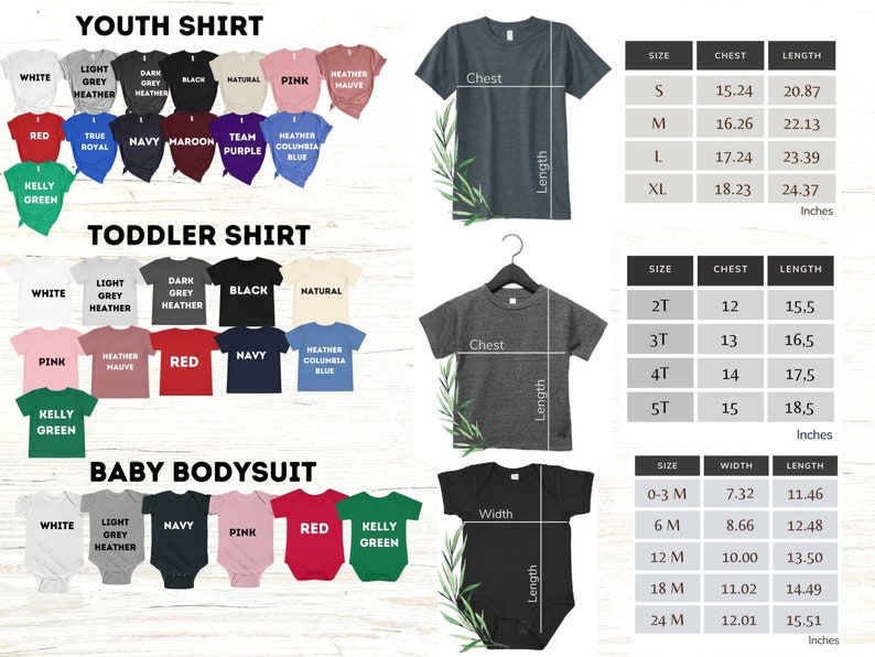 May include: A size chart for youth, toddler, and baby clothing. The chart shows the different sizes available for each type of clothing, along with the corresponding chest, length, and width measurements in inches.