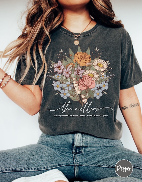 Birth Month Birth Flower Shirt with Names, Custom Mothers Day Gift for Mom, Personalized Grandma Shirt with Grandkids Names, Plant Mama Tee