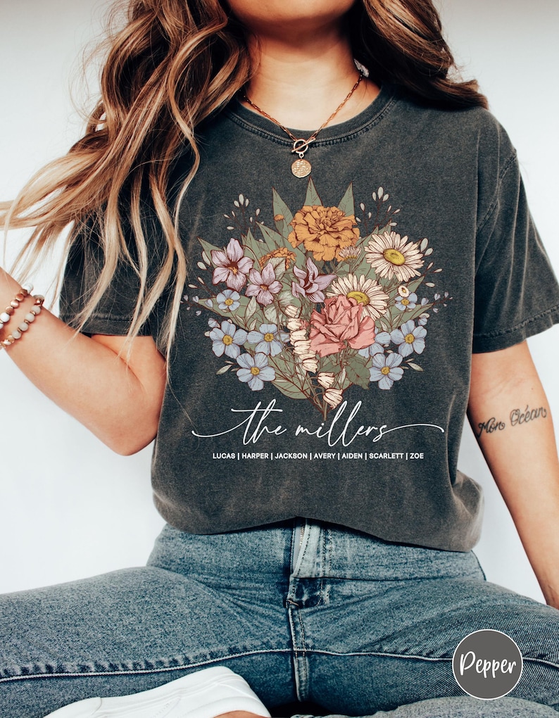Birth Month Birth Flower Shirt with Names, Custom Mothers Day Gift for Mom, Personalized Grandma Shirt with Grandkids Names, Plant Mama Tee Pepper