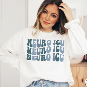 Pode incluir: Camisola branca com o texto "NEURO ICU" repetido tr&ecirc;s vezes em uma fonte retr&ocirc; azul e verde.