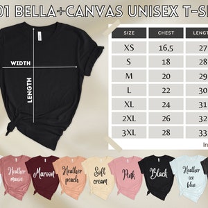 Puede incluir: Una camiseta unisex negra con una tabla de tallas que muestra las medidas de pecho y largo en pulgadas. La camiseta est&aacute; disponible en 10 colores: blanco, malva jaspeado, granate, melocot&oacute;n jaspeado, crema suave, rosa, negro, azul hielo jaspeado, gris oscuro jaspeado.