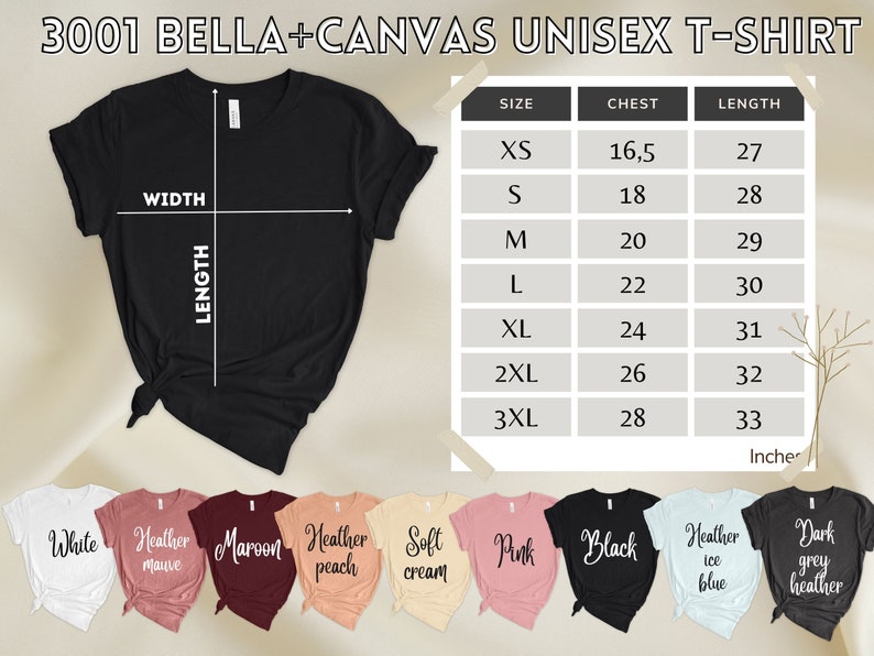 Puede incluir: Una camiseta unisex negra con una tabla de tallas que muestra las medidas de pecho y largo en pulgadas. La camiseta est&aacute; disponible en 10 colores: blanco, malva jaspeado, granate, melocot&oacute;n jaspeado, crema suave, rosa, negro, azul hielo jaspeado, gris oscuro jaspeado.