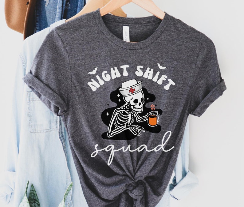 Nurse Halloween Shirt, Funny Night Shift Nurse Squad Shirt, RN Skeleton T-Shirt, ER ICU Nurse Group Tee, rt rn Emergency Department TShirts Dark Grey Heather